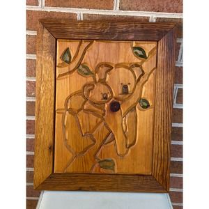 Vintage Hand Carved Koala Bears in Tree Wall Art Wooden Mother & Baby Picture
